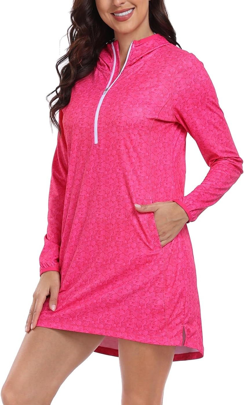 image:imageHDE Beach Coverups for Women UPF 50 Long Sleeve Swim Cover Up Dress with Hood Quick Dry Sun Protection Tunic with PocketsHot Pink Seashells