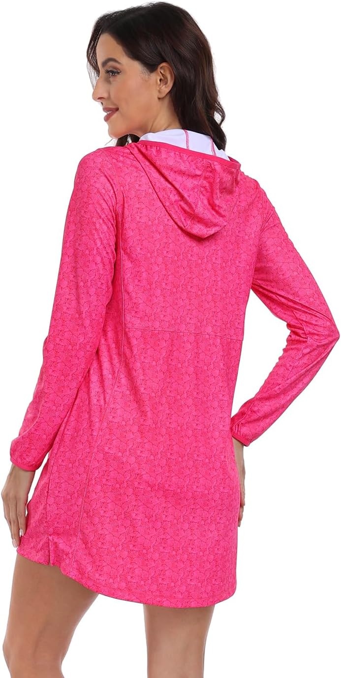 image:imageHDE Beach Coverups for Women UPF 50 Long Sleeve Swim Cover Up Dress with Hood Quick Dry Sun Protection Tunic with PocketsHot Pink Seashells
