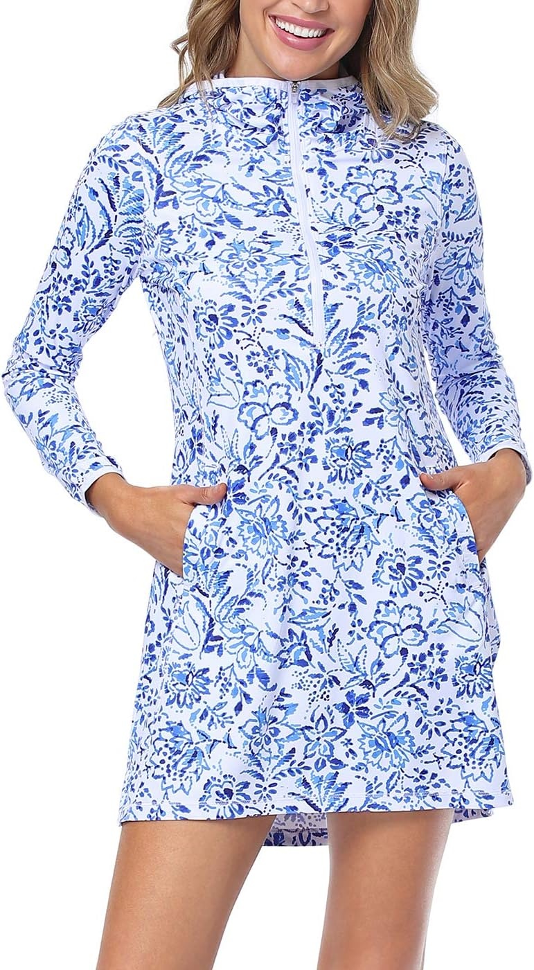image:imageHDE Beach Coverups for Women UPF 50 Long Sleeve Swim Cover Up Dress with Hood Quick Dry Sun Protection Tunic with PocketsIndigo Floral