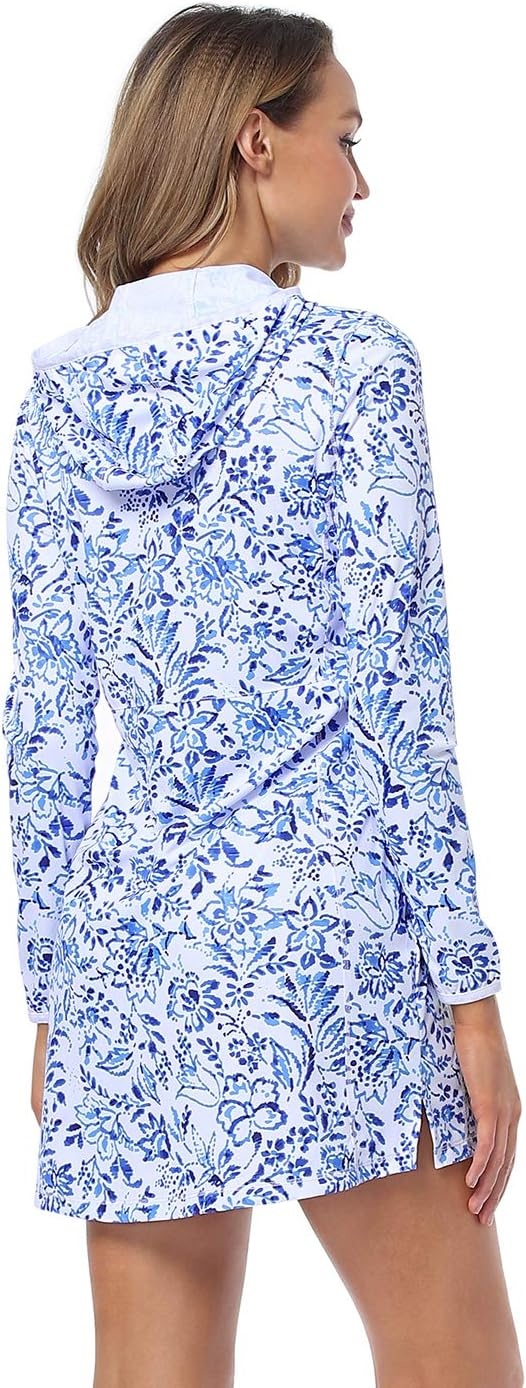 image:imageHDE Beach Coverups for Women UPF 50 Long Sleeve Swim Cover Up Dress with Hood Quick Dry Sun Protection Tunic with PocketsIndigo Floral