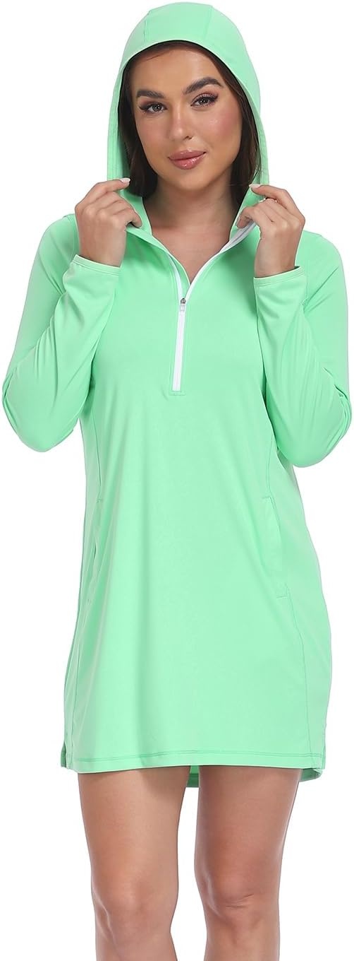 image:imageHDE Beach Coverups for Women UPF 50 Long Sleeve Swim Cover Up Dress with Hood Quick Dry Sun Protection Tunic with PocketsJelly Mint