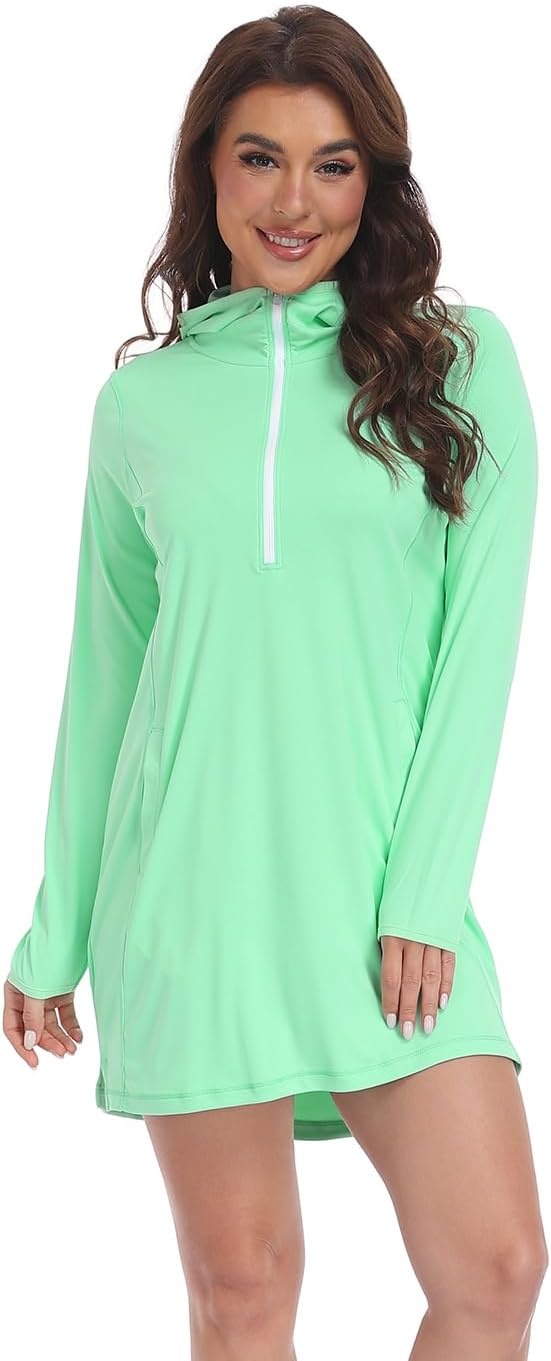 image:imageHDE Beach Coverups for Women UPF 50 Long Sleeve Swim Cover Up Dress with Hood Quick Dry Sun Protection Tunic with PocketsJelly Mint