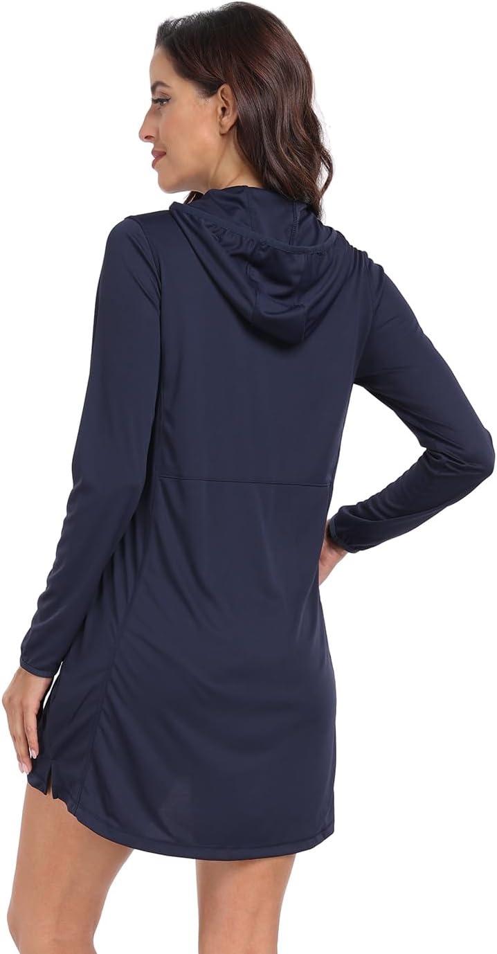 image:imageHDE Beach Coverups for Women UPF 50 Long Sleeve Swim Cover Up Dress with Hood Quick Dry Sun Protection Tunic with PocketsMaritime Navy Blue