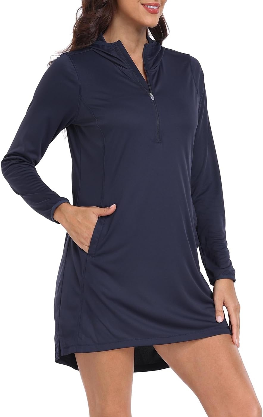 image:imageHDE Beach Coverups for Women UPF 50 Long Sleeve Swim Cover Up Dress with Hood Quick Dry Sun Protection Tunic with PocketsMaritime Navy Blue