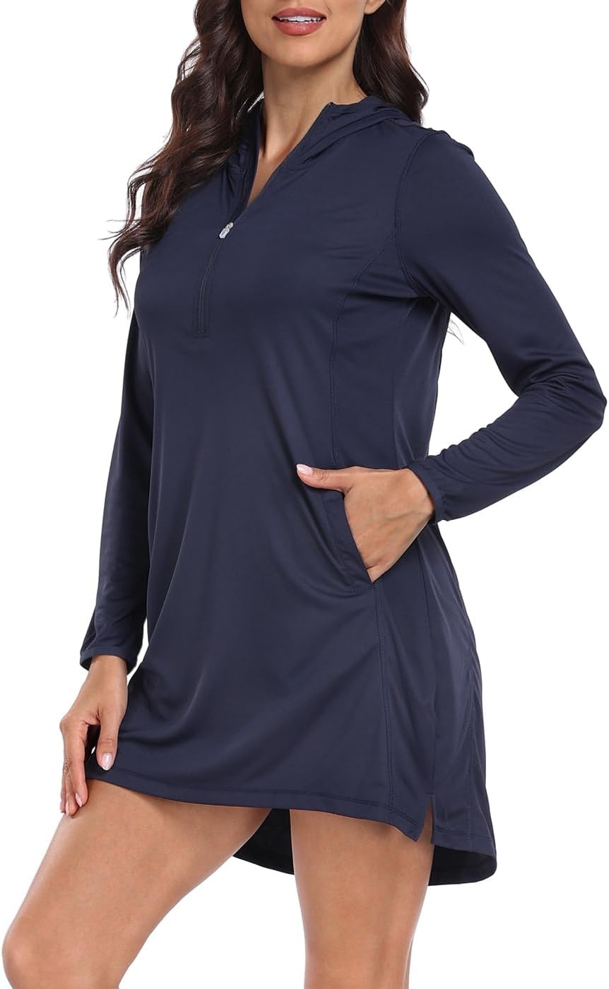 image:imageHDE Beach Coverups for Women UPF 50 Long Sleeve Swim Cover Up Dress with Hood Quick Dry Sun Protection Tunic with PocketsMaritime Navy Blue