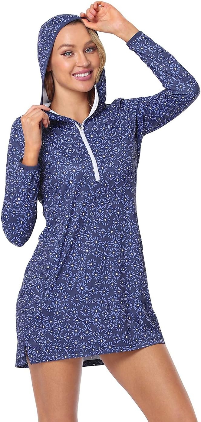 image:imageHDE Beach Coverups for Women UPF 50 Long Sleeve Swim Cover Up Dress with Hood Quick Dry Sun Protection Tunic with PocketsNavy Ditsy Floral