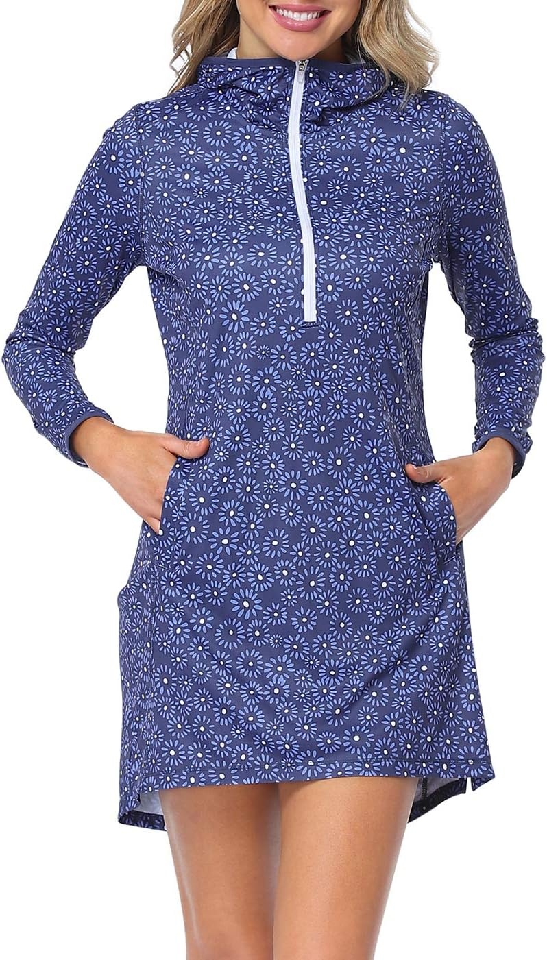 image:imageHDE Beach Coverups for Women UPF 50 Long Sleeve Swim Cover Up Dress with Hood Quick Dry Sun Protection Tunic with PocketsNavy Ditsy Floral