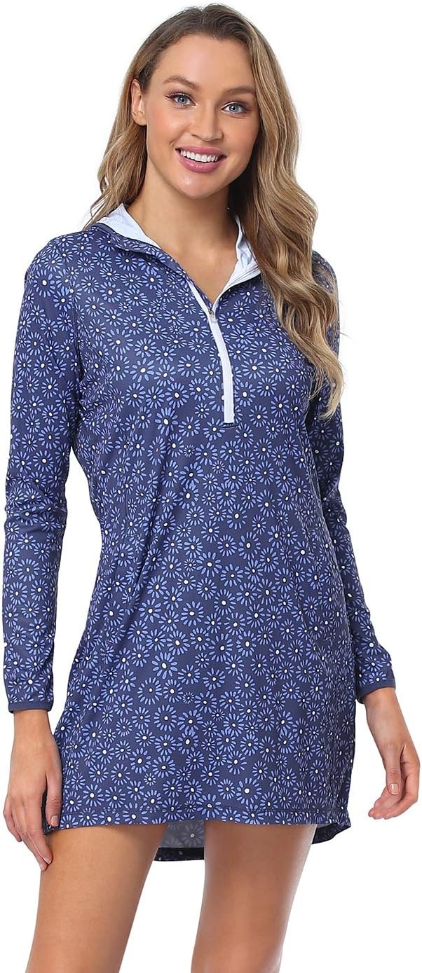 image:imageHDE Beach Coverups for Women UPF 50 Long Sleeve Swim Cover Up Dress with Hood Quick Dry Sun Protection Tunic with PocketsNavy Ditsy Floral