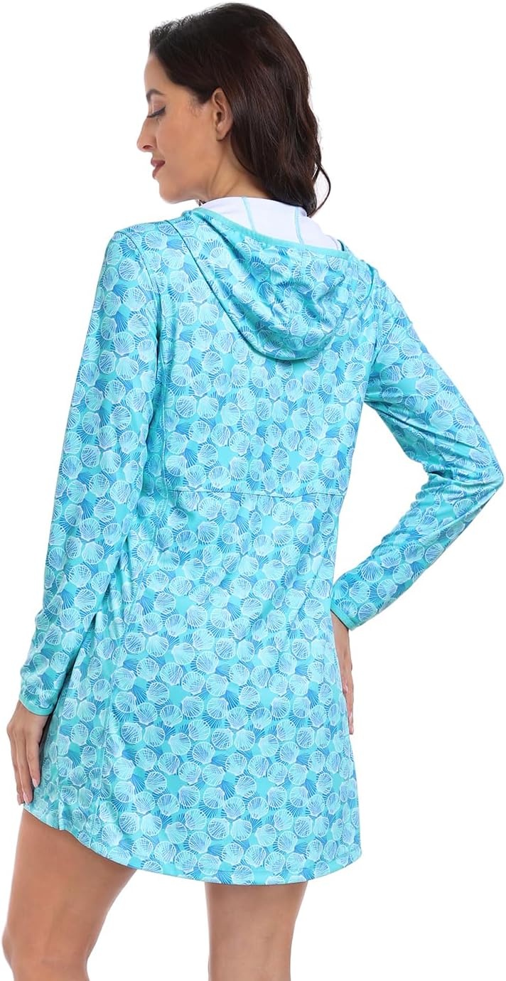 image:imageHDE Beach Coverups for Women UPF 50 Long Sleeve Swim Cover Up Dress with Hood Quick Dry Sun Protection Tunic with PocketsOcean Mist Seashells