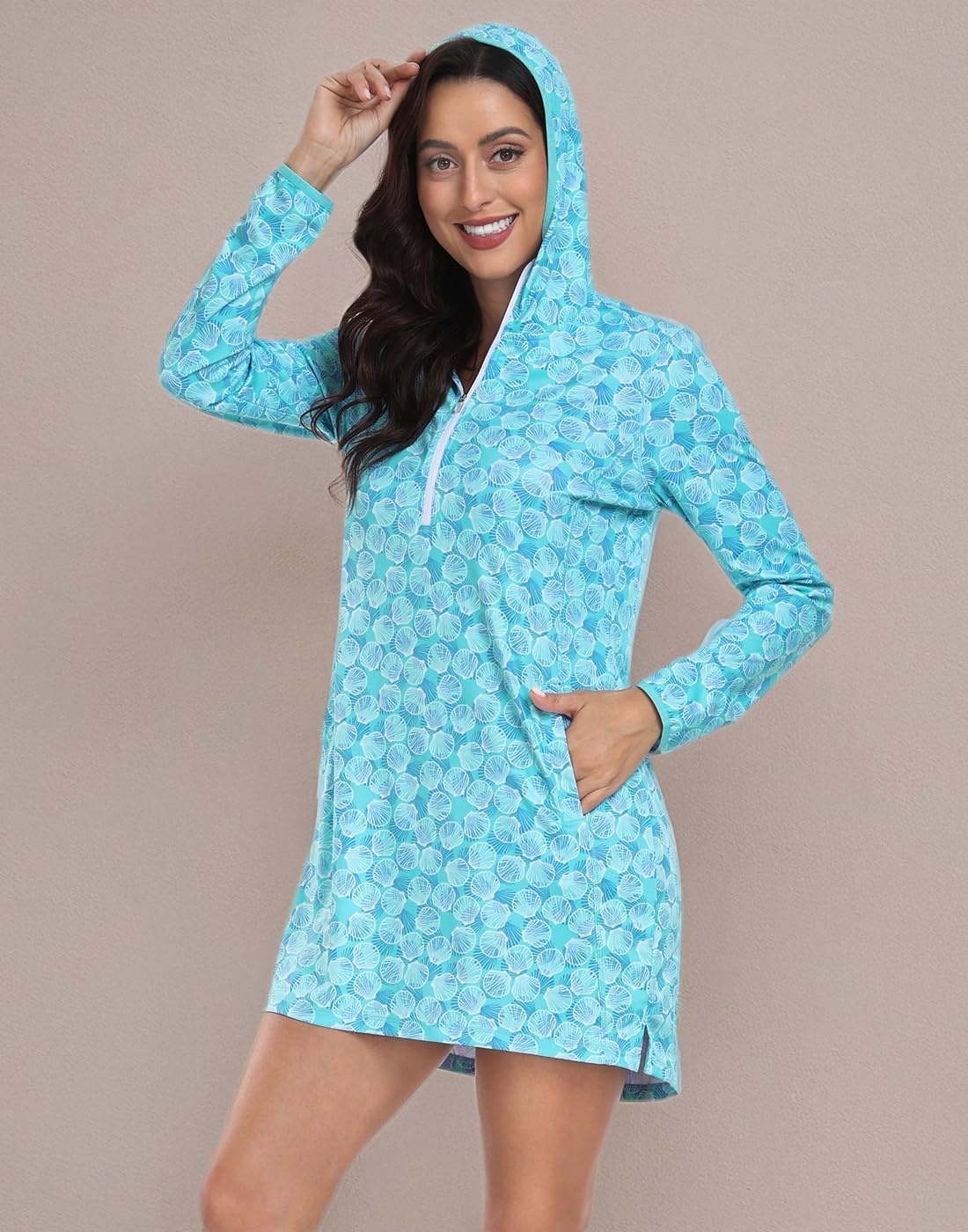 image:imageHDE Beach Coverups for Women UPF 50 Long Sleeve Swim Cover Up Dress with Hood Quick Dry Sun Protection Tunic with PocketsOcean Mist Seashells
