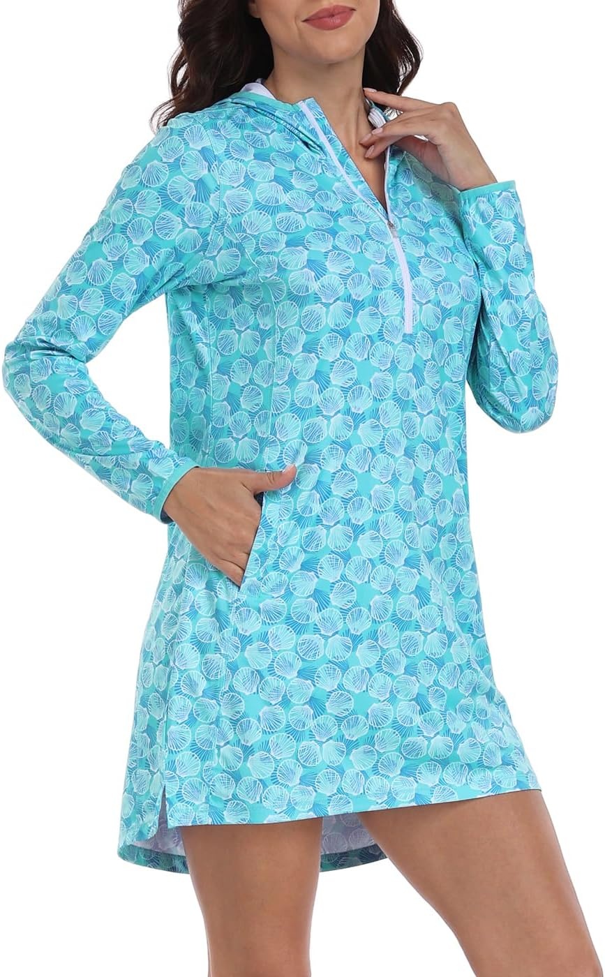 image:imageHDE Beach Coverups for Women UPF 50 Long Sleeve Swim Cover Up Dress with Hood Quick Dry Sun Protection Tunic with PocketsOcean Mist Seashells