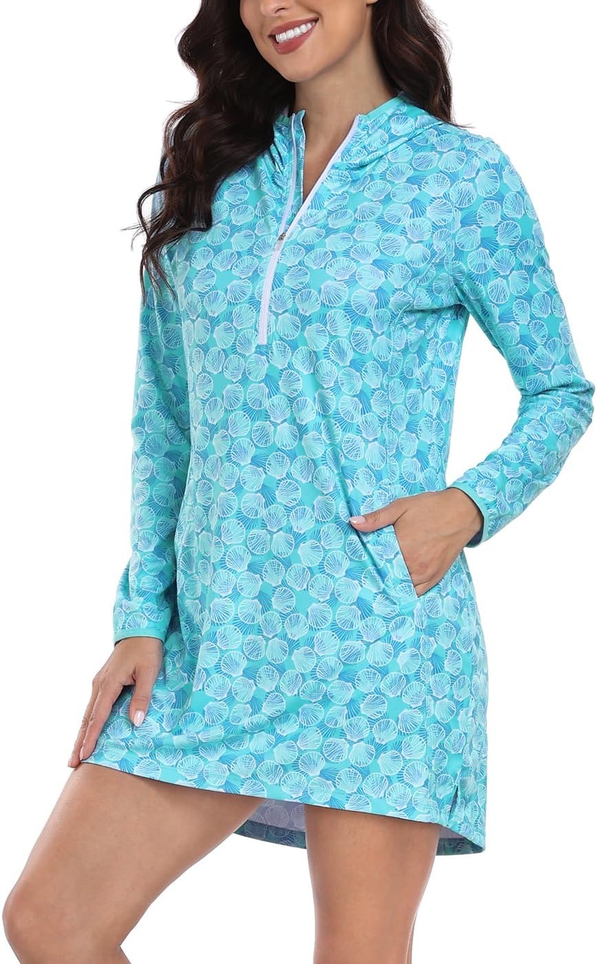 image:imageHDE Beach Coverups for Women UPF 50 Long Sleeve Swim Cover Up Dress with Hood Quick Dry Sun Protection Tunic with PocketsOcean Mist Seashells
