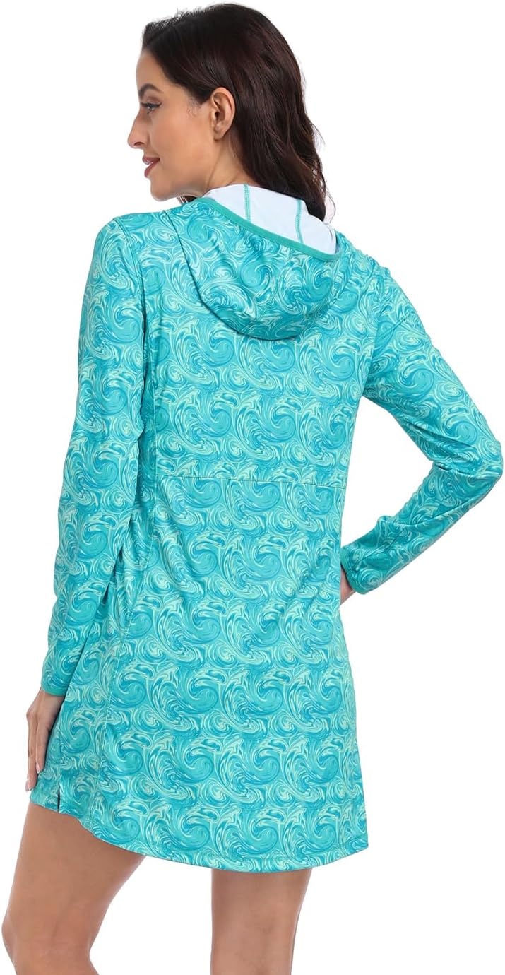 image:imageHDE Beach Coverups for Women UPF 50 Long Sleeve Swim Cover Up Dress with Hood Quick Dry Sun Protection Tunic with PocketsOcean Swirl