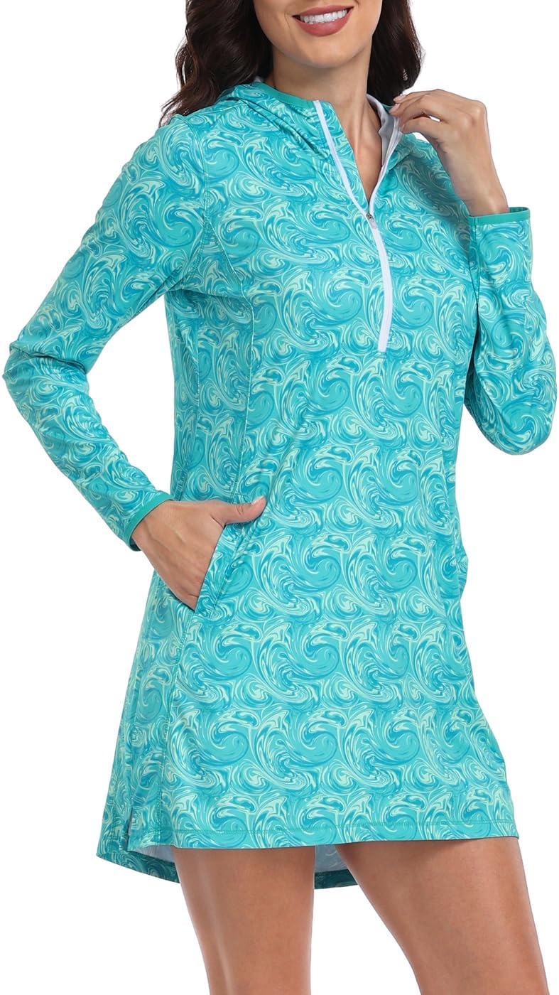 image:imageHDE Beach Coverups for Women UPF 50 Long Sleeve Swim Cover Up Dress with Hood Quick Dry Sun Protection Tunic with PocketsOcean Swirl