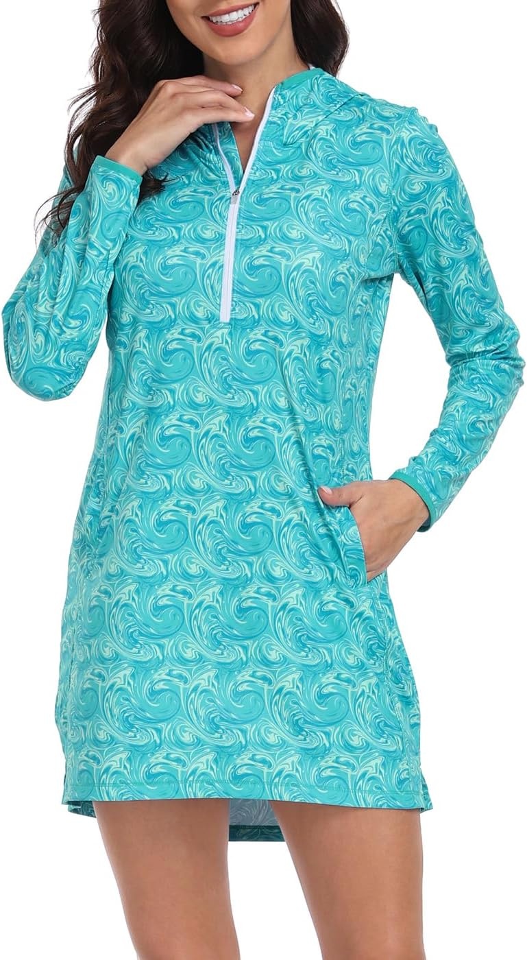 image:imageHDE Beach Coverups for Women UPF 50 Long Sleeve Swim Cover Up Dress with Hood Quick Dry Sun Protection Tunic with PocketsOcean Swirl