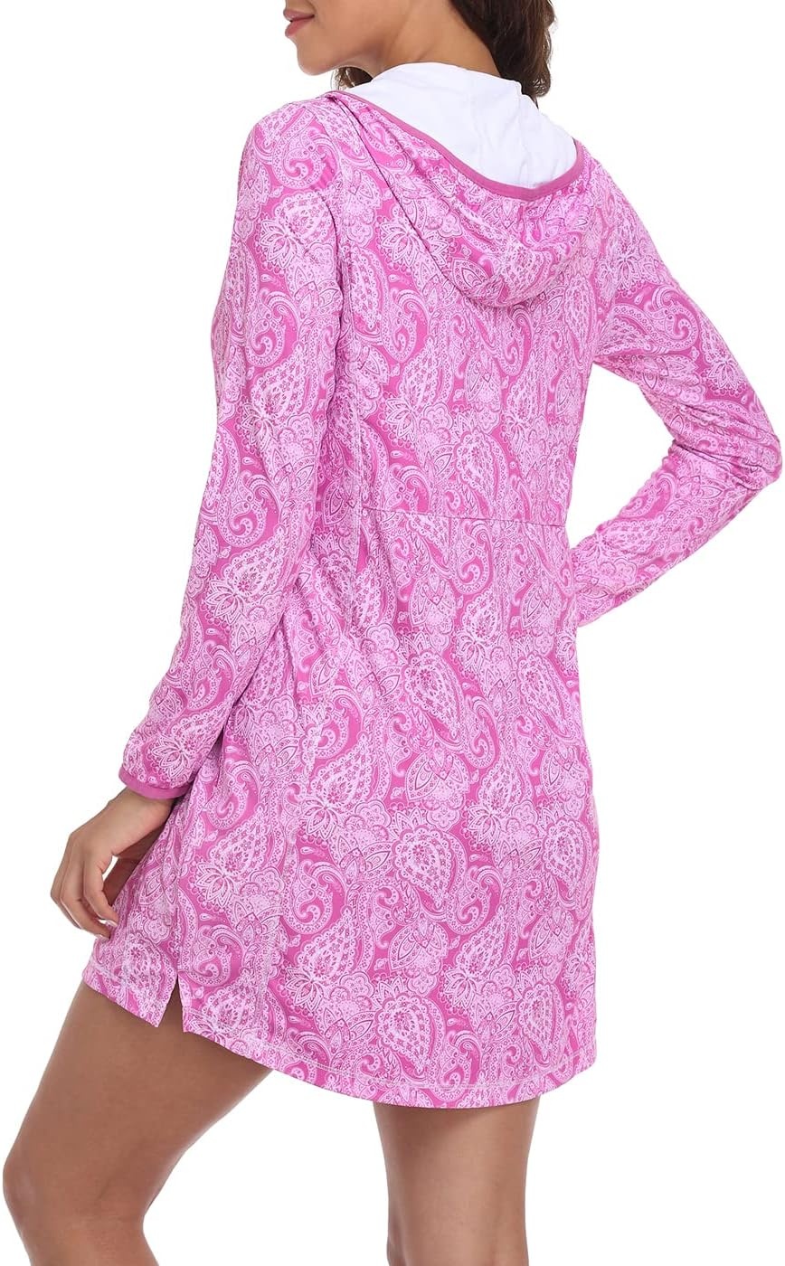 image:imageHDE Beach Coverups for Women UPF 50 Long Sleeve Swim Cover Up Dress with Hood Quick Dry Sun Protection Tunic with PocketsPink Paisley