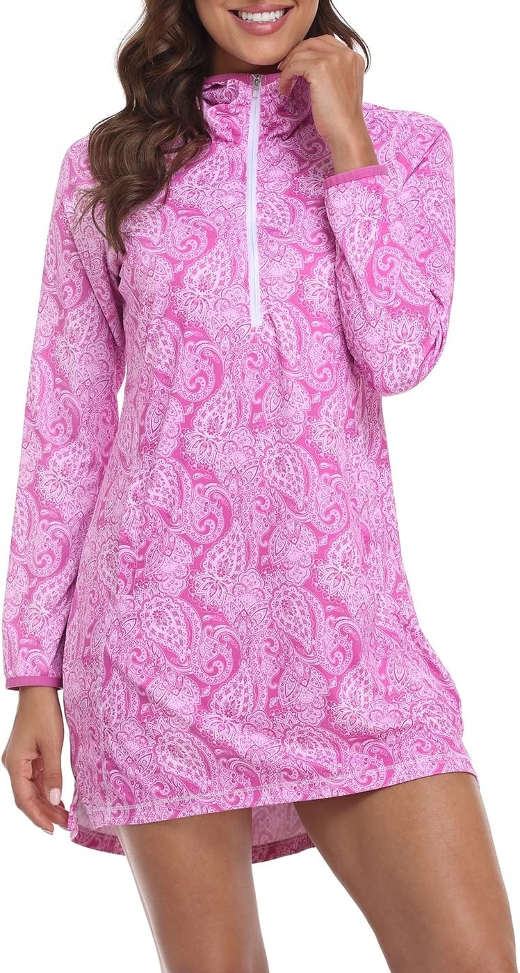 image:imageHDE Beach Coverups for Women UPF 50 Long Sleeve Swim Cover Up Dress with Hood Quick Dry Sun Protection Tunic with PocketsPink Paisley