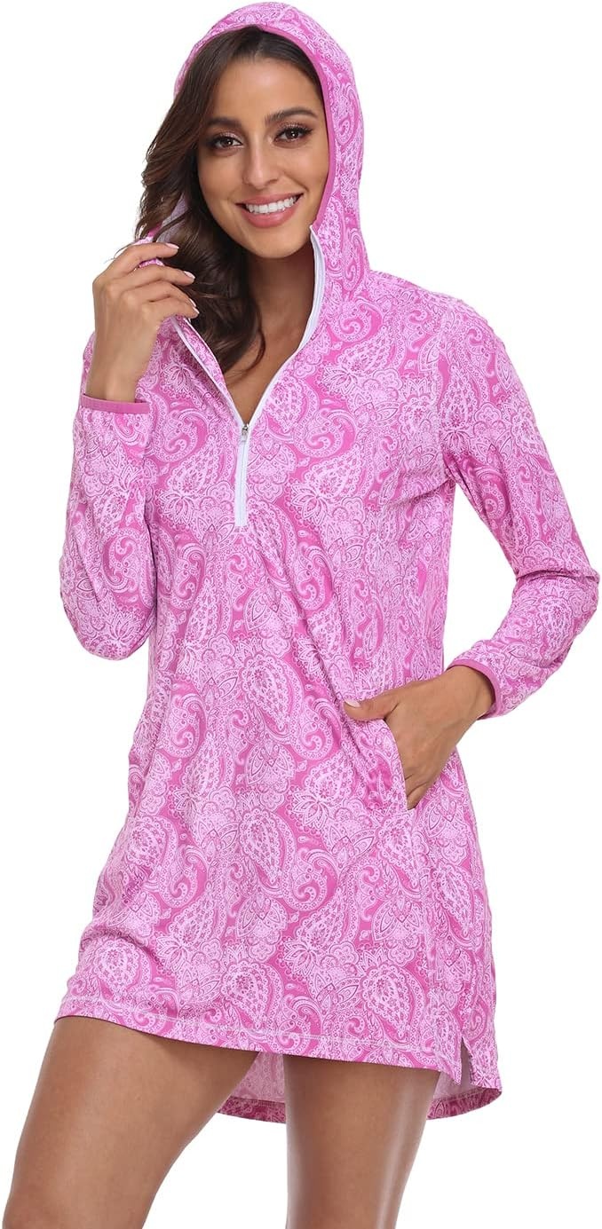 image:imageHDE Beach Coverups for Women UPF 50 Long Sleeve Swim Cover Up Dress with Hood Quick Dry Sun Protection Tunic with PocketsPink Paisley