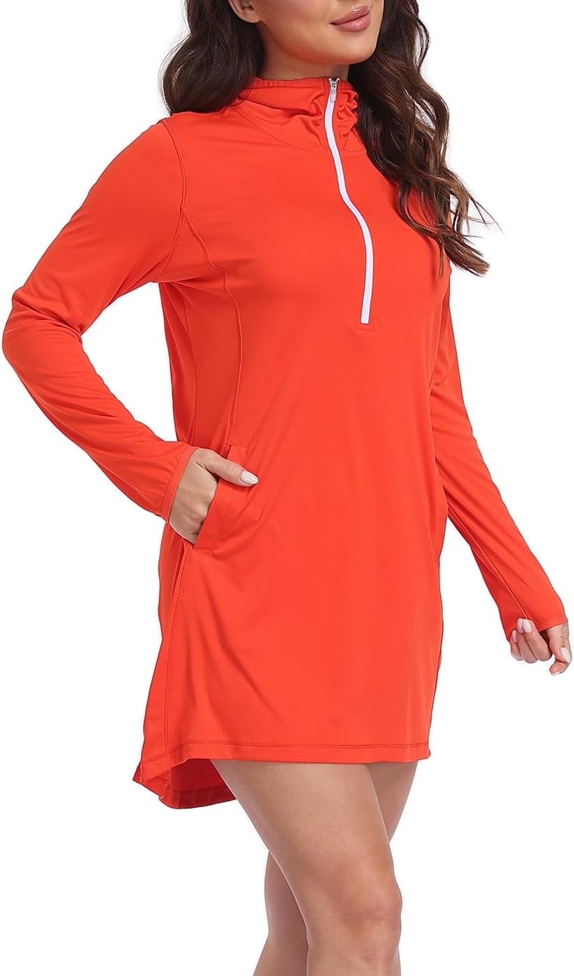 image:imageHDE Beach Coverups for Women UPF 50 Long Sleeve Swim Cover Up Dress with Hood Quick Dry Sun Protection Tunic with PocketsSpicy Orange