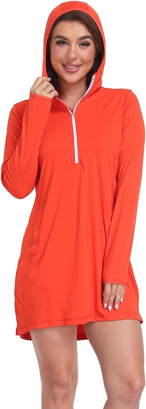 image:imageHDE Beach Coverups for Women UPF 50 Long Sleeve Swim Cover Up Dress with Hood Quick Dry Sun Protection Tunic with PocketsSpicy Orange