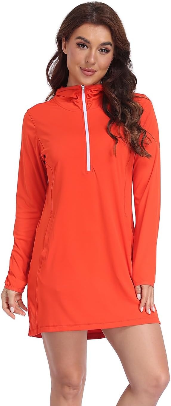 image:imageHDE Beach Coverups for Women UPF 50 Long Sleeve Swim Cover Up Dress with Hood Quick Dry Sun Protection Tunic with PocketsSpicy Orange