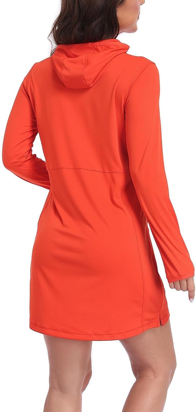 image:imageHDE Beach Coverups for Women UPF 50 Long Sleeve Swim Cover Up Dress with Hood Quick Dry Sun Protection Tunic with PocketsSpicy Orange