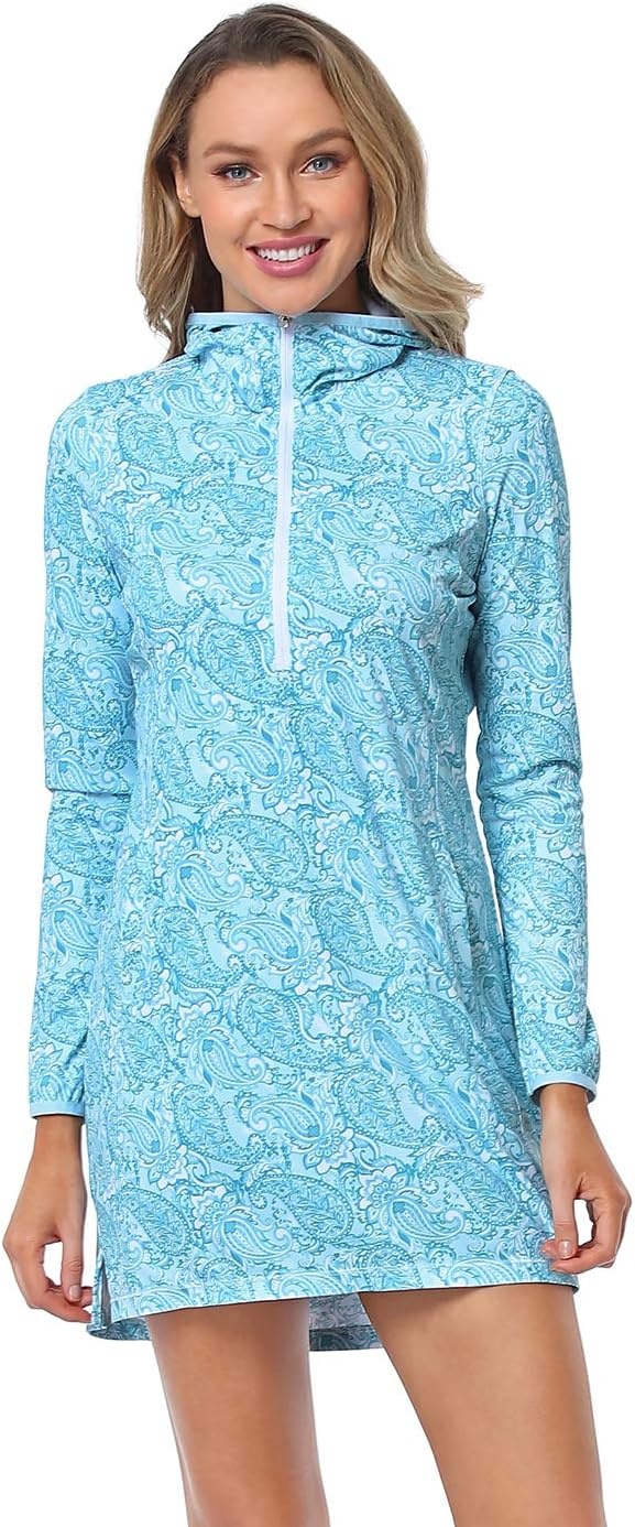 image:imageHDE Beach Coverups for Women UPF 50 Long Sleeve Swim Cover Up Dress with Hood Quick Dry Sun Protection Tunic with PocketsTeal Paisley