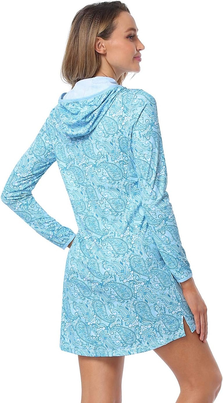 image:imageHDE Beach Coverups for Women UPF 50 Long Sleeve Swim Cover Up Dress with Hood Quick Dry Sun Protection Tunic with PocketsTeal Paisley