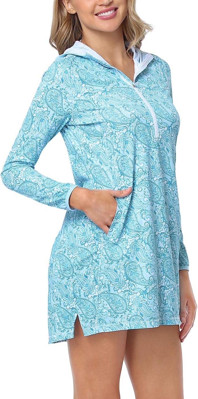 image:imageHDE Beach Coverups for Women UPF 50 Long Sleeve Swim Cover Up Dress with Hood Quick Dry Sun Protection Tunic with PocketsTeal Paisley