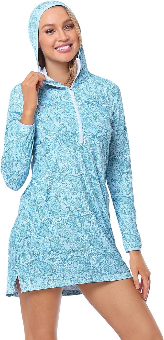 image:imageHDE Beach Coverups for Women UPF 50 Long Sleeve Swim Cover Up Dress with Hood Quick Dry Sun Protection Tunic with PocketsTeal Paisley