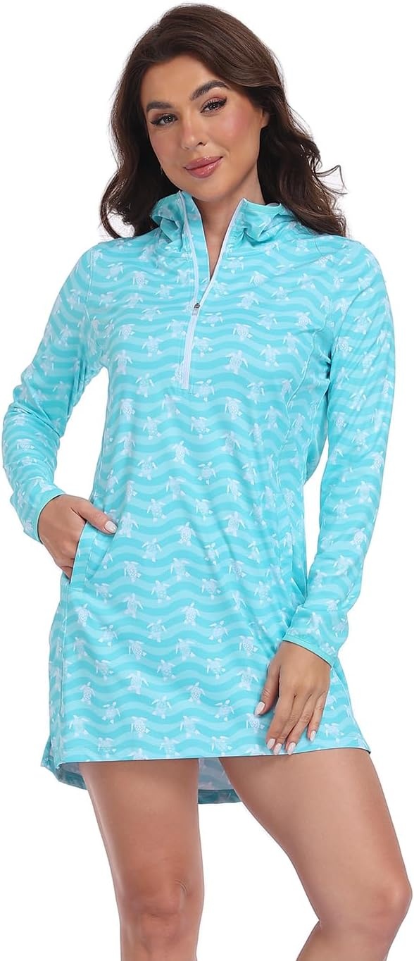 image:imageHDE Beach Coverups for Women UPF 50 Long Sleeve Swim Cover Up Dress with Hood Quick Dry Sun Protection Tunic with PocketsTurquoise Sea Turtles