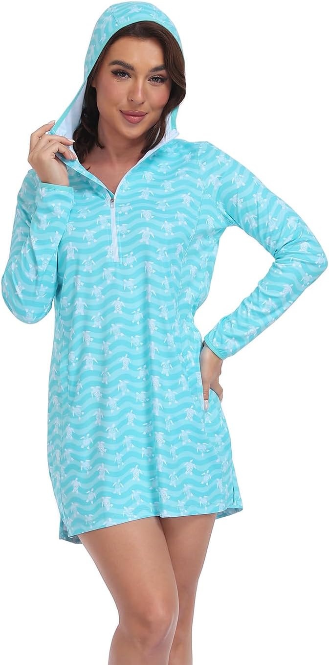 image:imageHDE Beach Coverups for Women UPF 50 Long Sleeve Swim Cover Up Dress with Hood Quick Dry Sun Protection Tunic with PocketsTurquoise Sea Turtles