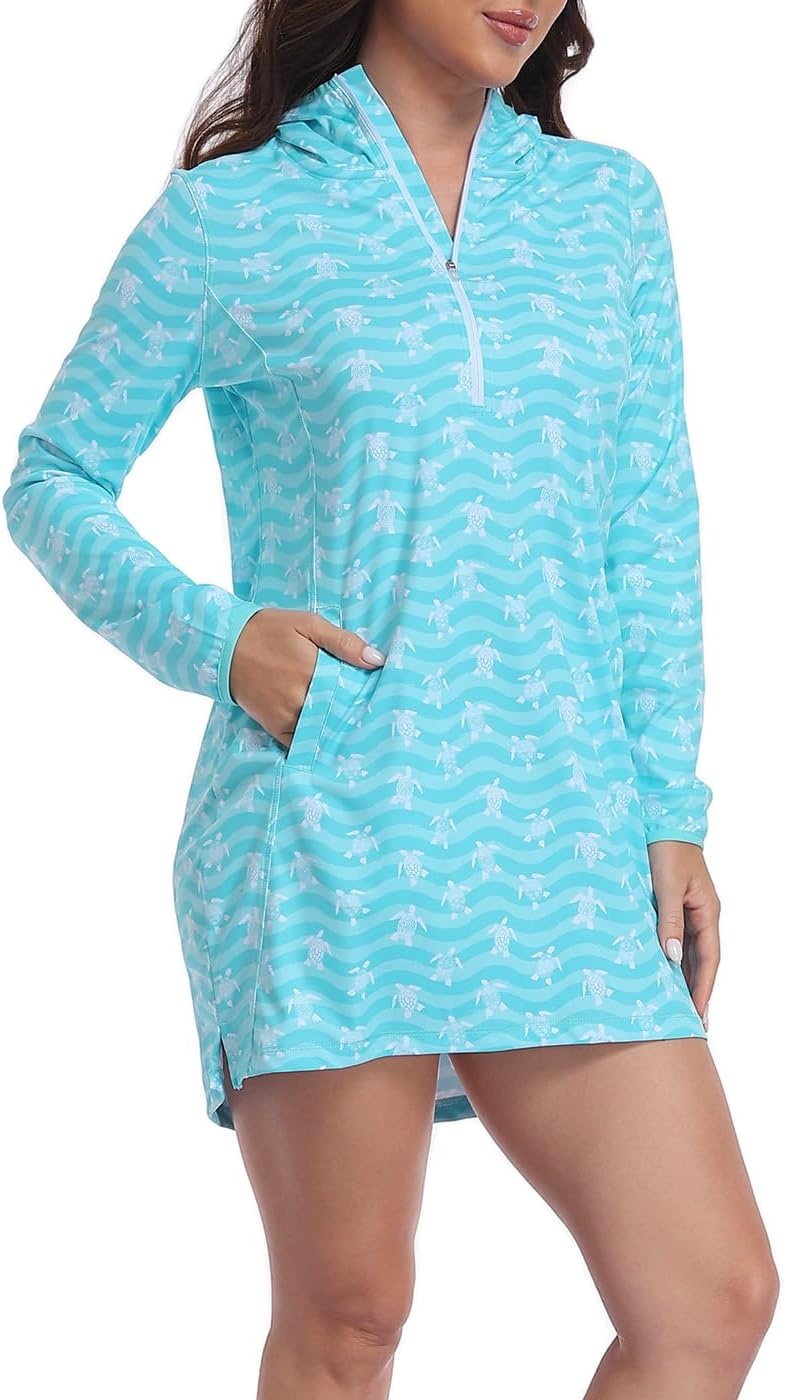 image:imageHDE Beach Coverups for Women UPF 50 Long Sleeve Swim Cover Up Dress with Hood Quick Dry Sun Protection Tunic with PocketsTurquoise Sea Turtles