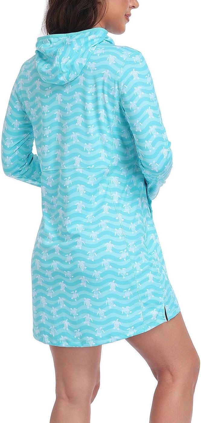 image:imageHDE Beach Coverups for Women UPF 50 Long Sleeve Swim Cover Up Dress with Hood Quick Dry Sun Protection Tunic with PocketsTurquoise Sea Turtles