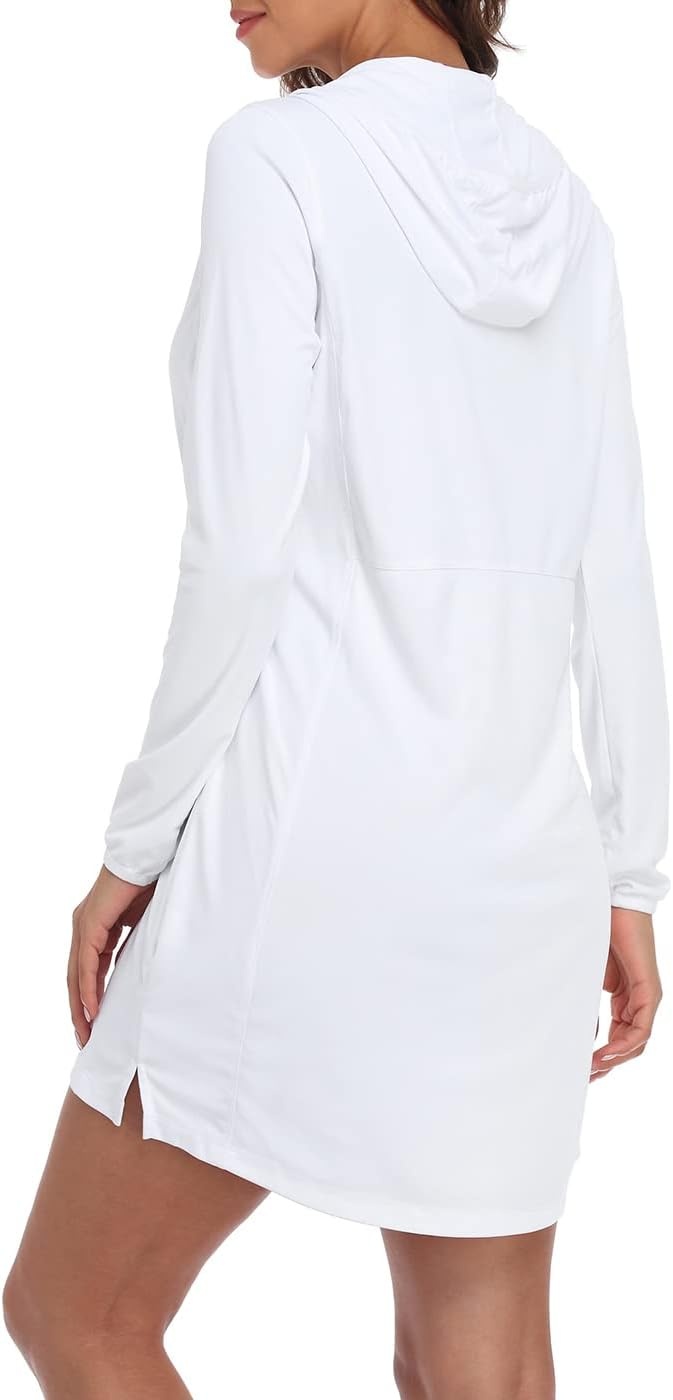 image:imageHDE Beach Coverups for Women UPF 50 Long Sleeve Swim Cover Up Dress with Hood Quick Dry Sun Protection Tunic with PocketsWhite