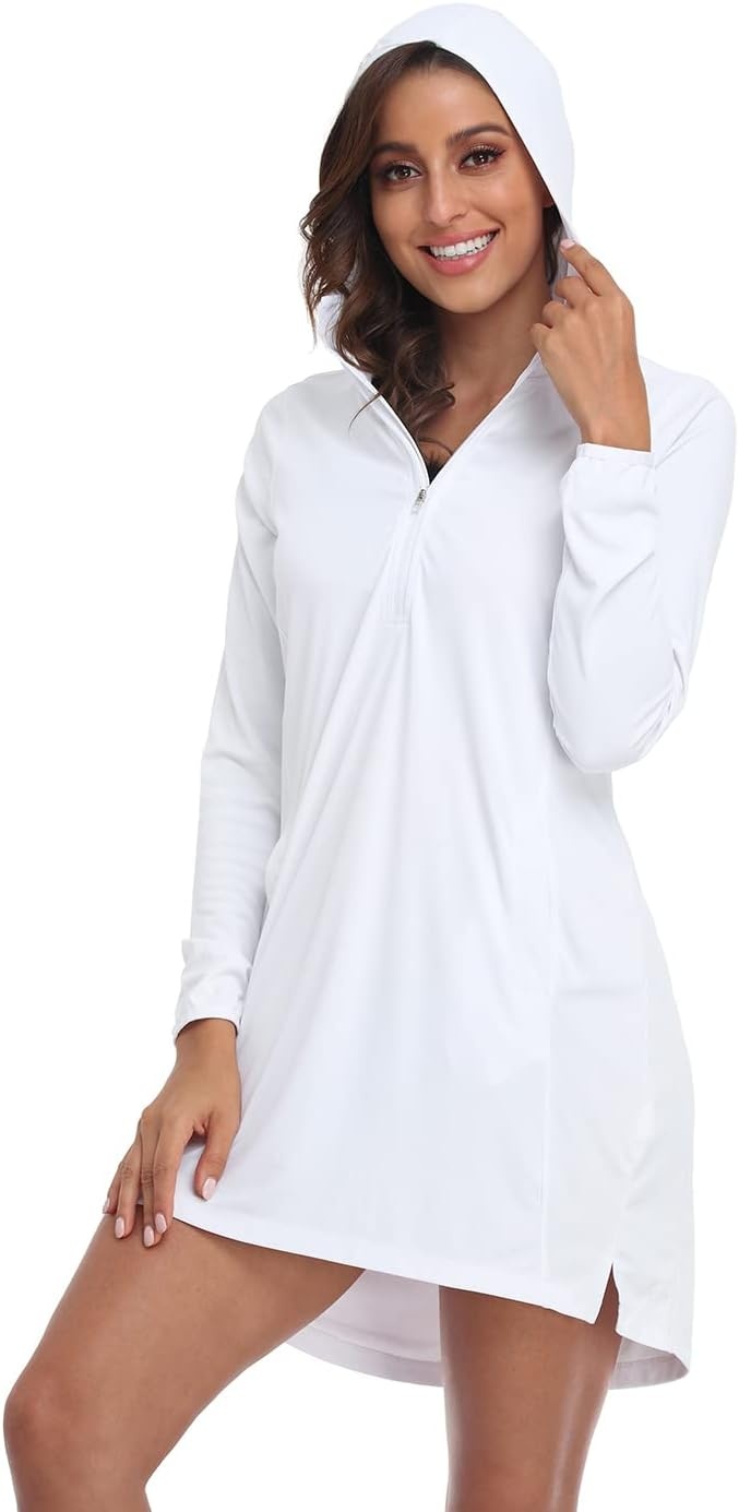 image:imageHDE Beach Coverups for Women UPF 50 Long Sleeve Swim Cover Up Dress with Hood Quick Dry Sun Protection Tunic with PocketsWhite