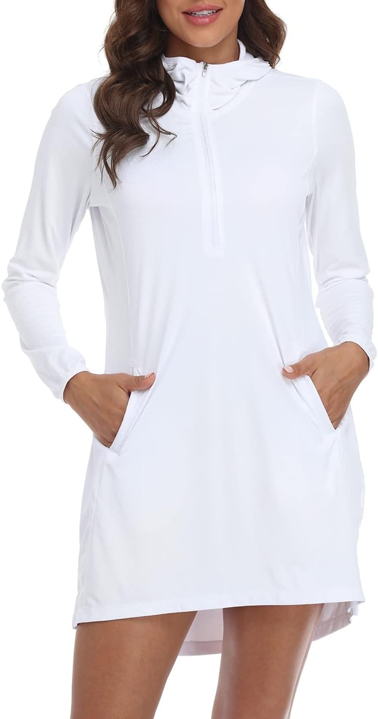 image:imageHDE Beach Coverups for Women UPF 50 Long Sleeve Swim Cover Up Dress with Hood Quick Dry Sun Protection Tunic with PocketsWhite