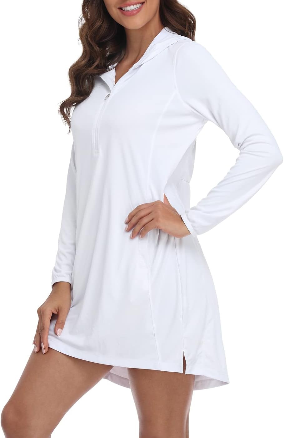 image:imageHDE Beach Coverups for Women UPF 50 Long Sleeve Swim Cover Up Dress with Hood Quick Dry Sun Protection Tunic with PocketsWhite