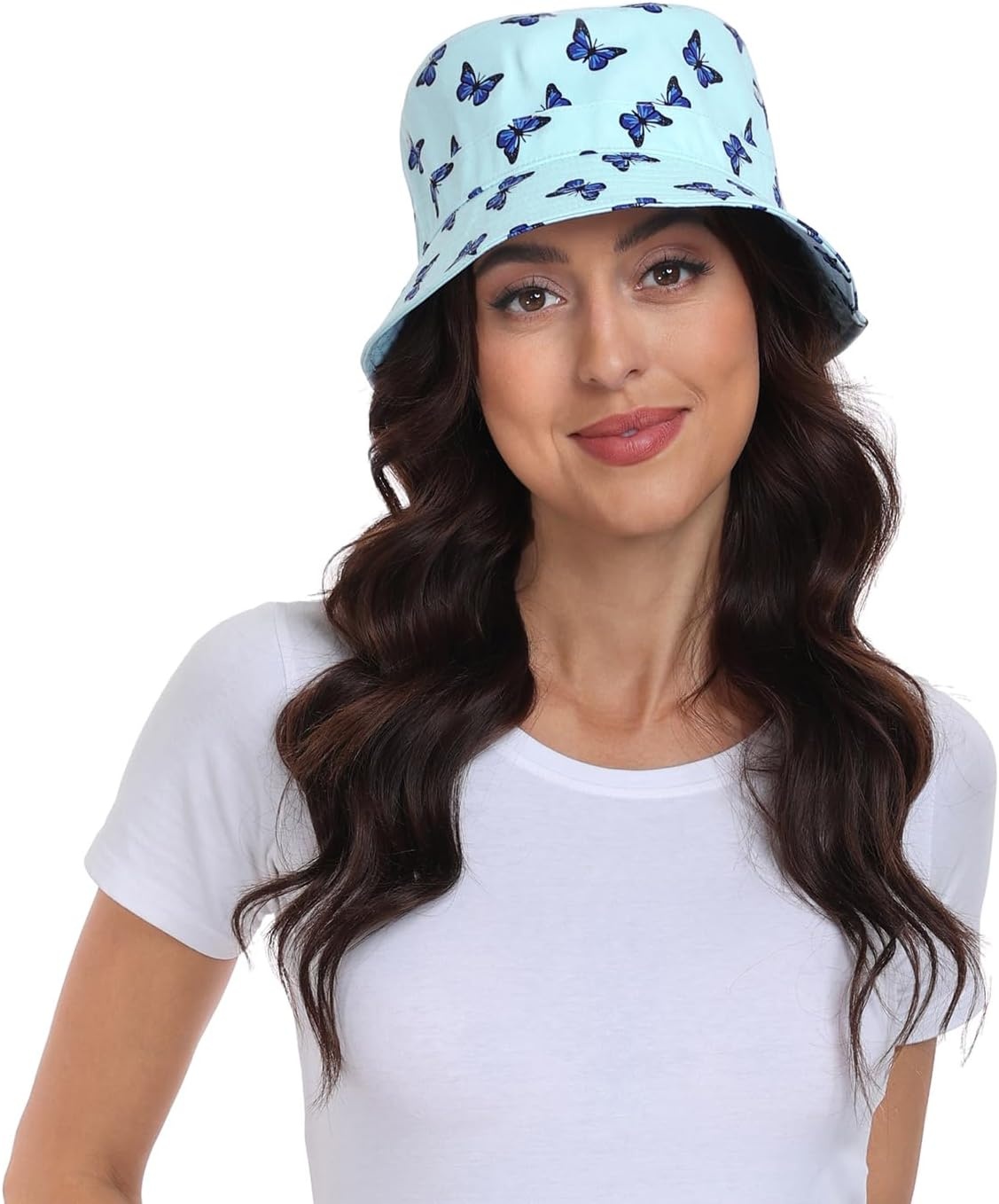 image:imageHDE Bucket Hat Unisex Print and Solid Beach Sun Hats Outdoor Packable HeadwearBlue Butterfly