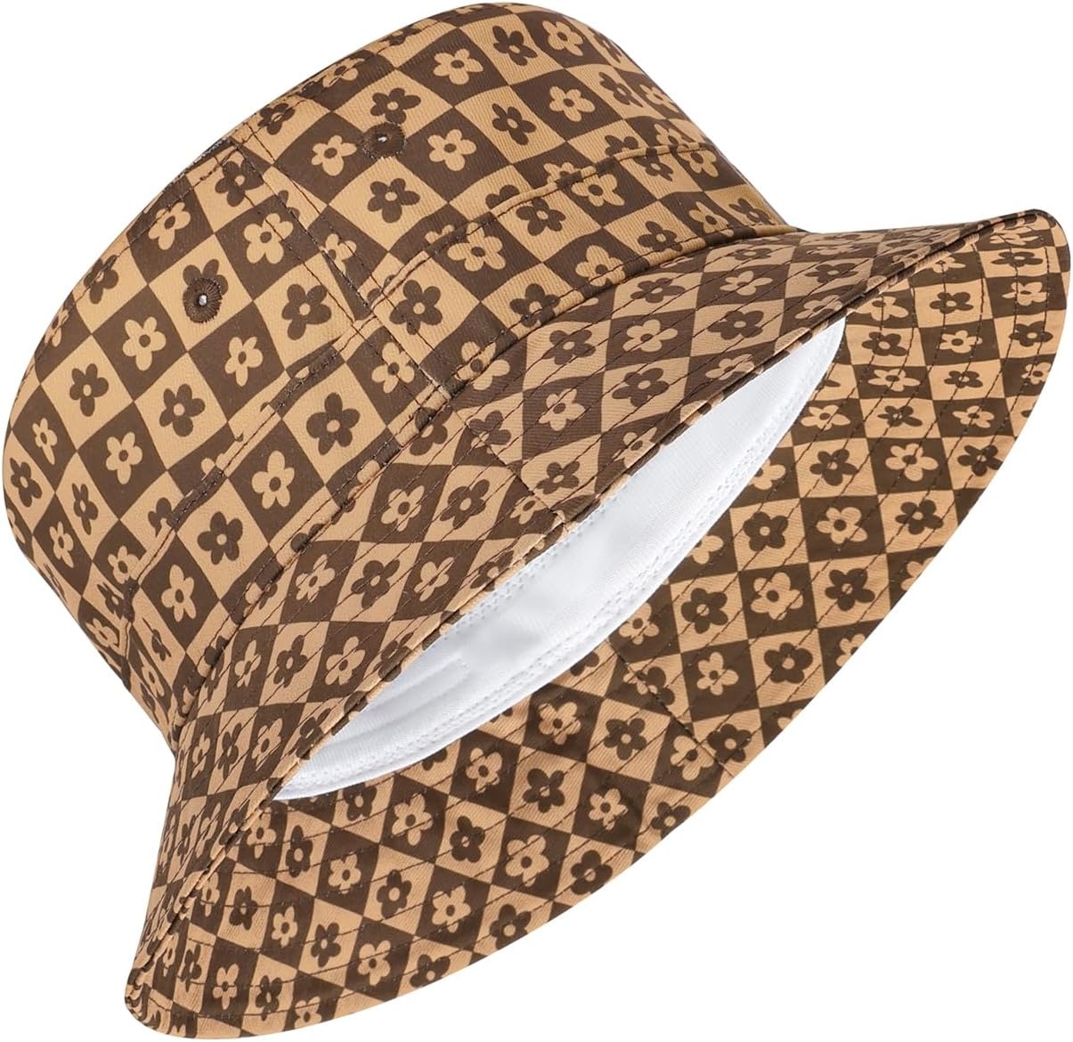 image:imageHDE Bucket Hat Unisex Print and Solid Beach Sun Hats Outdoor Packable HeadwearBrown Floral Checker