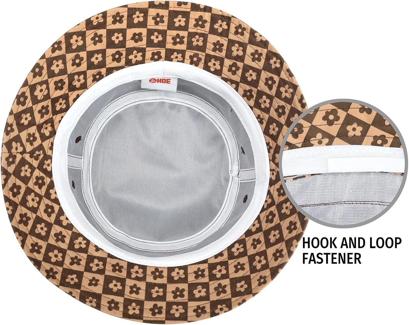 image:imageHDE Bucket Hat Unisex Print and Solid Beach Sun Hats Outdoor Packable HeadwearBrown Floral Checker