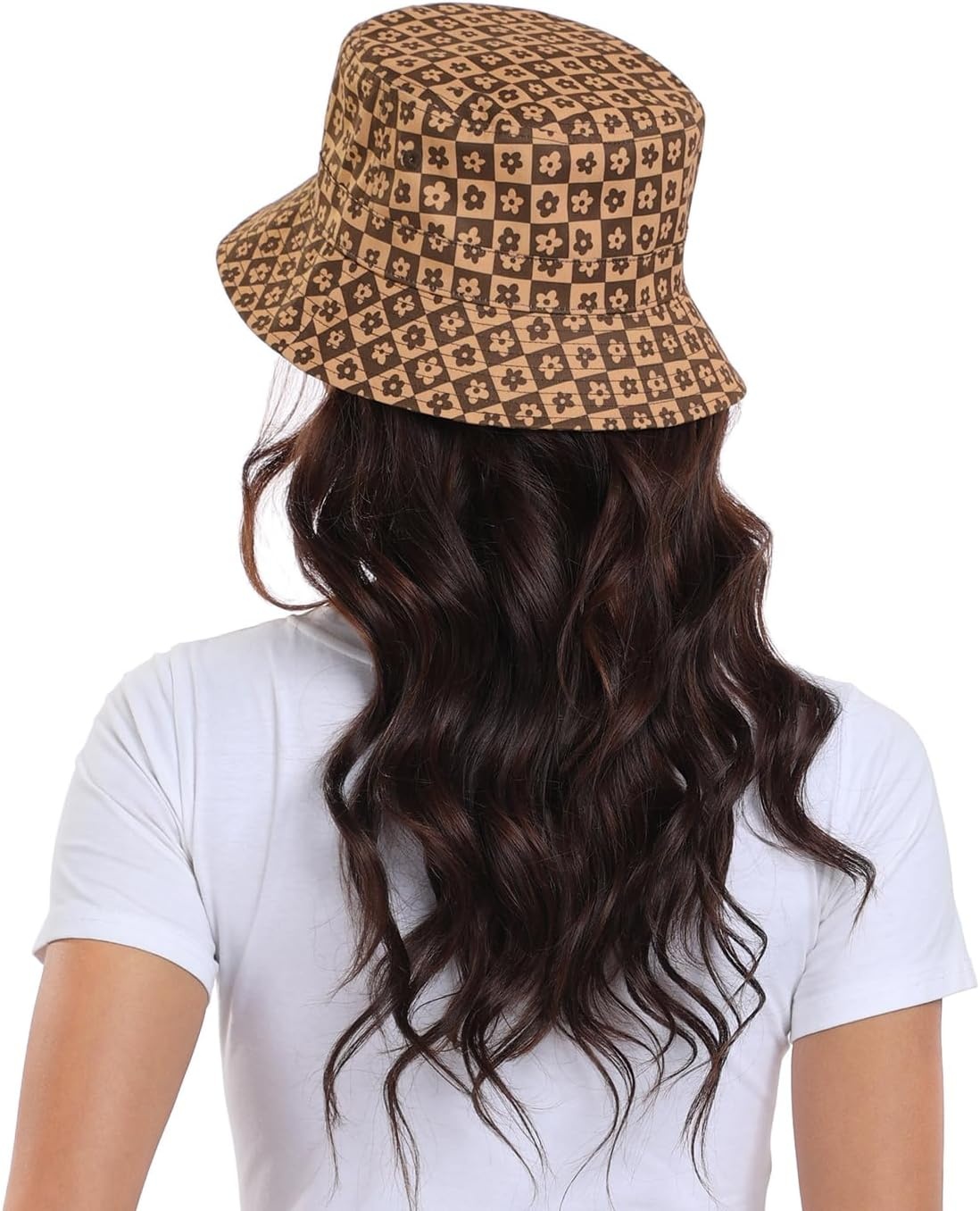 image:imageHDE Bucket Hat Unisex Print and Solid Beach Sun Hats Outdoor Packable HeadwearBrown Floral Checker