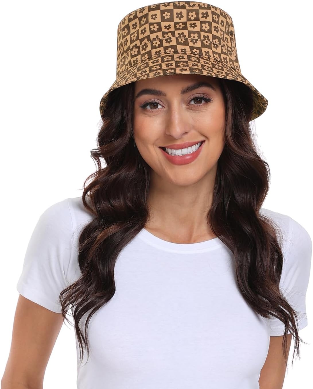 image:imageHDE Bucket Hat Unisex Print and Solid Beach Sun Hats Outdoor Packable HeadwearBrown Floral Checker