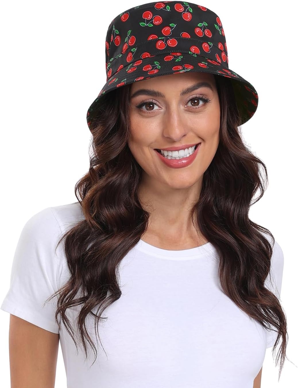 image:imageHDE Bucket Hat Unisex Print and Solid Beach Sun Hats Outdoor Packable HeadwearCherries