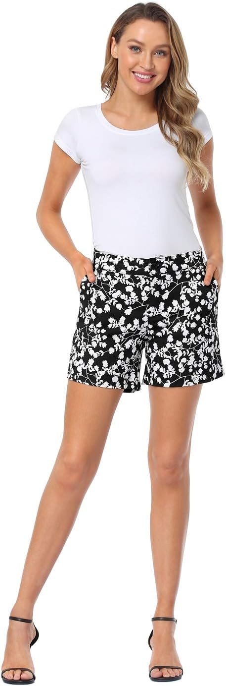 image:imageHDE Chino Shorts for Women 5 Inseam High Waisted Cotton Work Shorts with Pockets Casual Summer Travel Walking Golf ShortsBlack and White Blossom