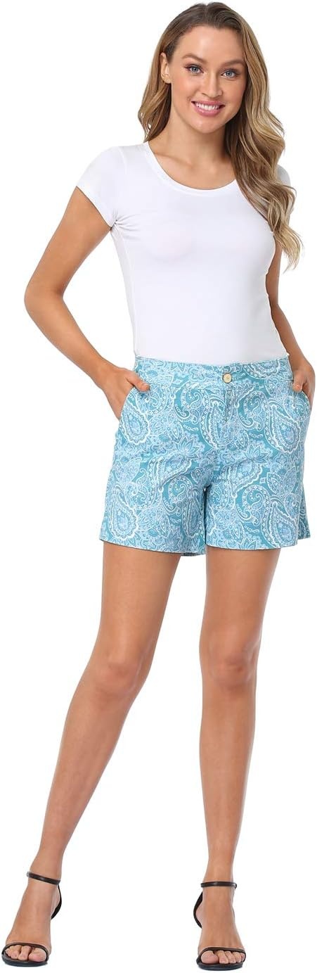 image:imageHDE Chino Shorts for Women 5 Inseam High Waisted Cotton Work Shorts with Pockets Casual Summer Travel Walking Golf ShortsBlue Paisley