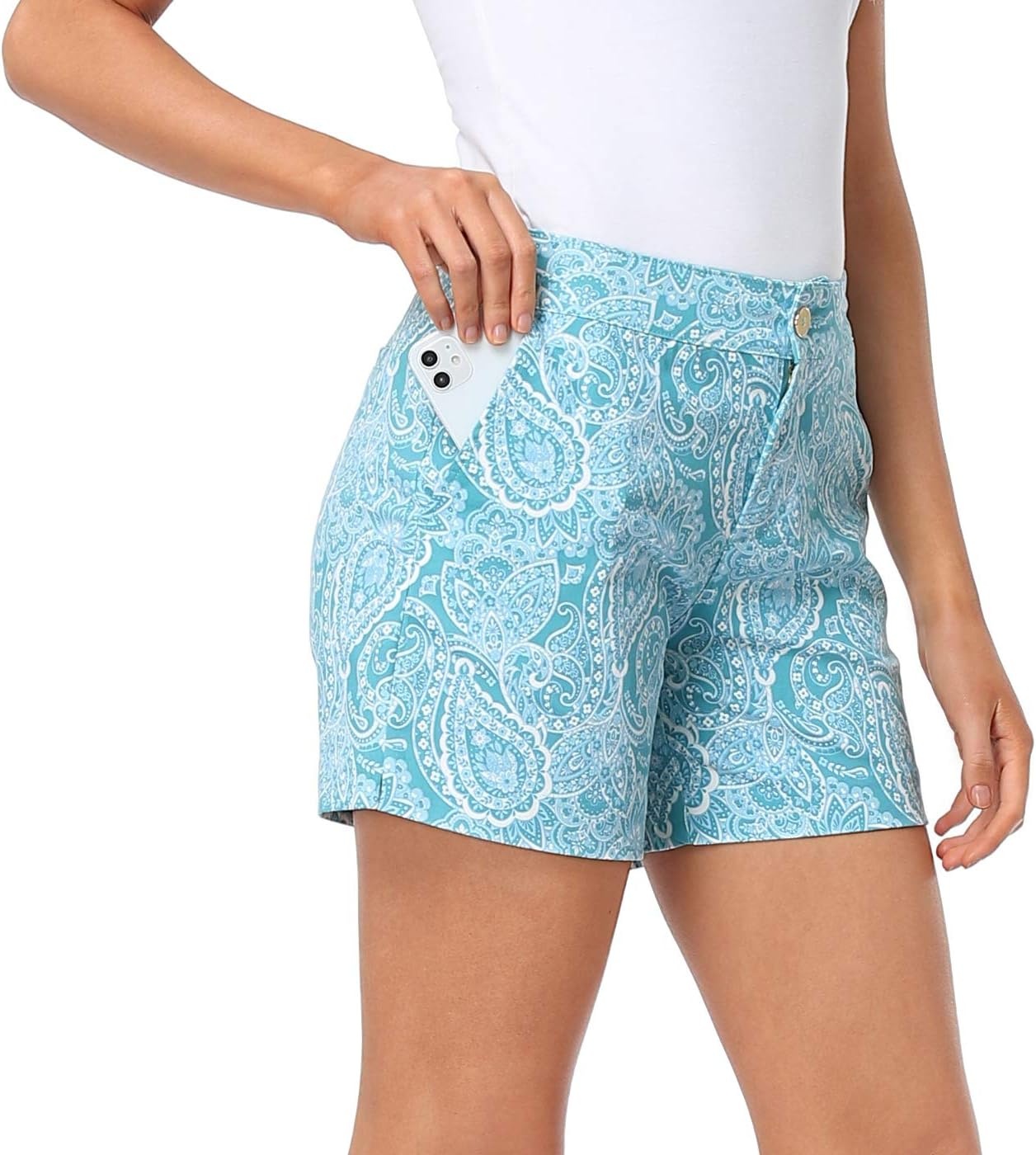 image:imageHDE Chino Shorts for Women 5 Inseam High Waisted Cotton Work Shorts with Pockets Casual Summer Travel Walking Golf ShortsBlue Paisley
