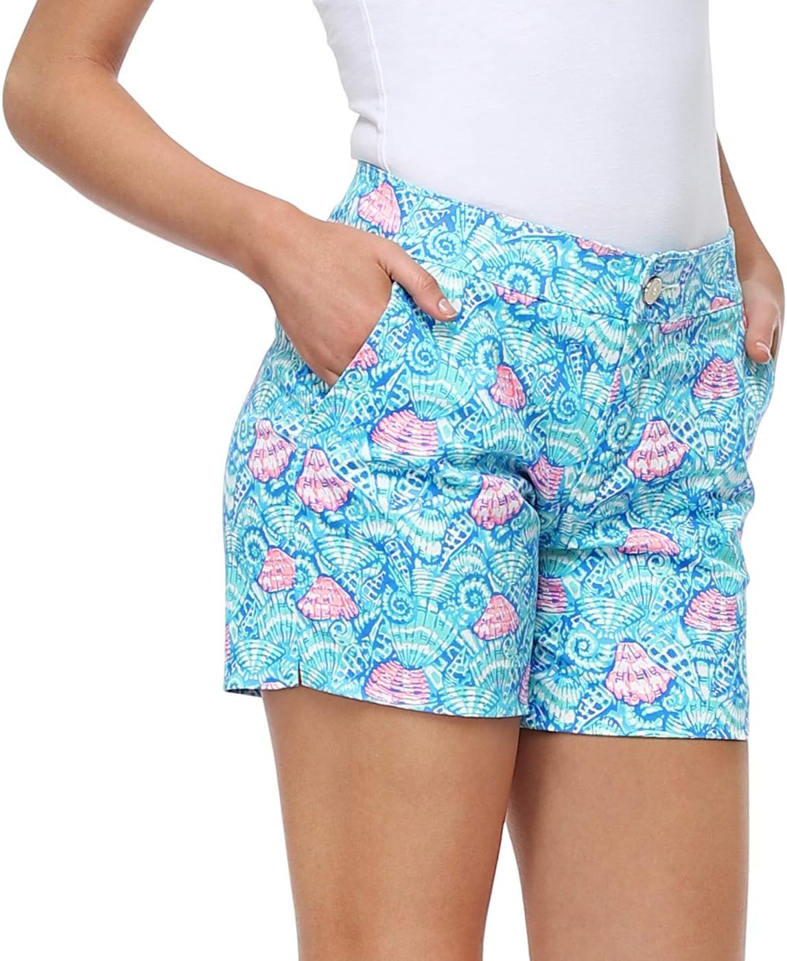 image:imageHDE Chino Shorts for Women 5 Inseam High Waisted Cotton Work Shorts with Pockets Casual Summer Travel Walking Golf ShortsSeashells