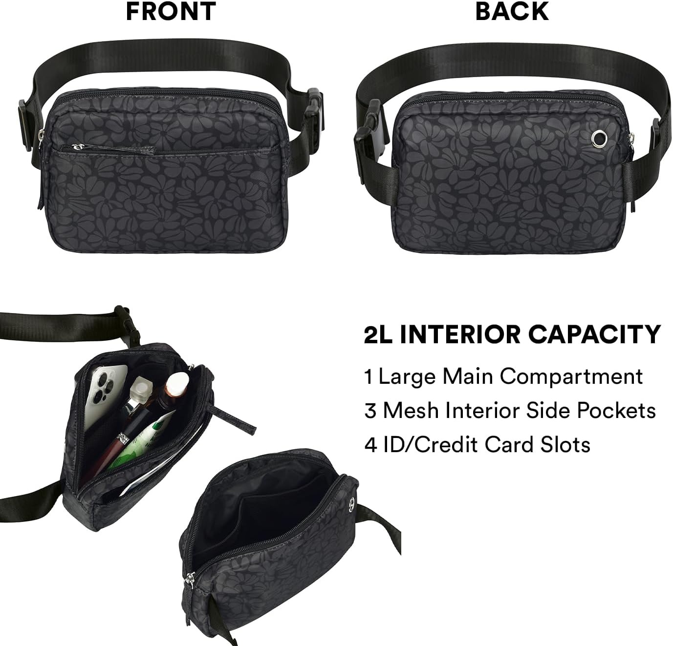 image:imageHDE Crossbody Bum Bag with Long Strap Cute Print 2L Mini Belt Bag Small Fanny Pack Easy Adjustable Length Sling for Women Black Floral PopBlack Floral Pop