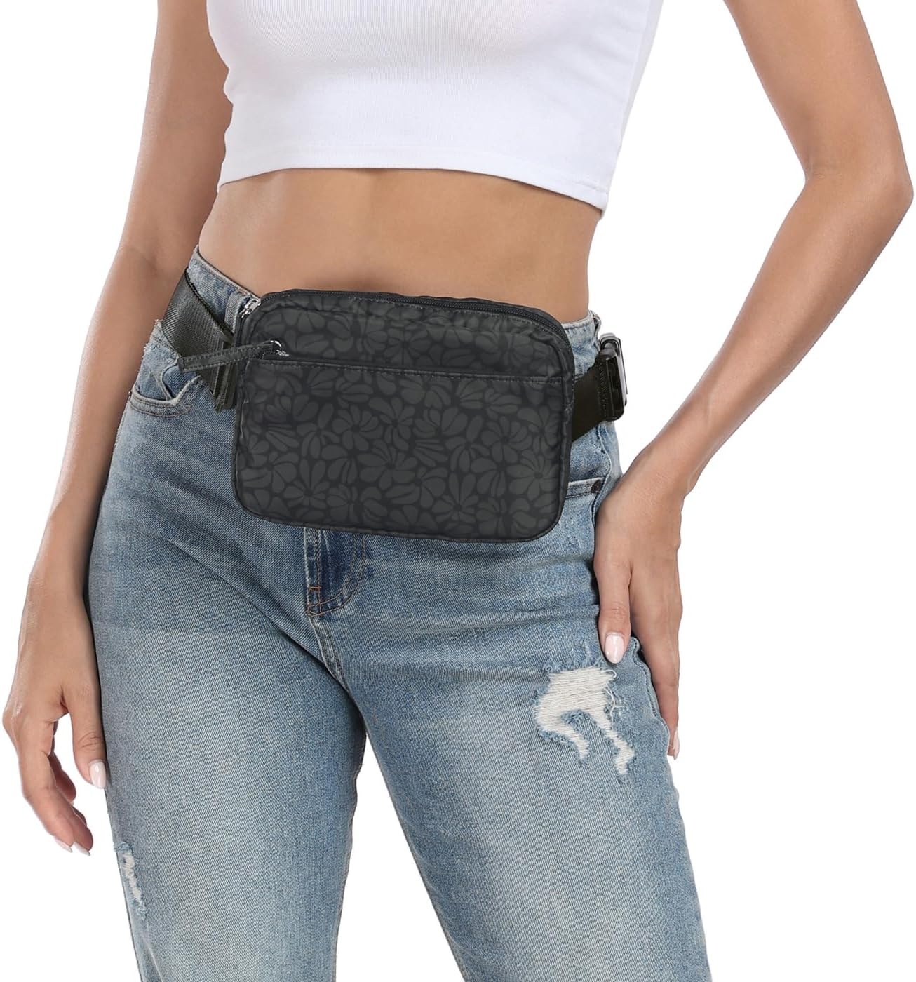 image:imageHDE Crossbody Bum Bag with Long Strap Cute Print 2L Mini Belt Bag Small Fanny Pack Easy Adjustable Length Sling for Women Black Floral PopBlack Floral Pop